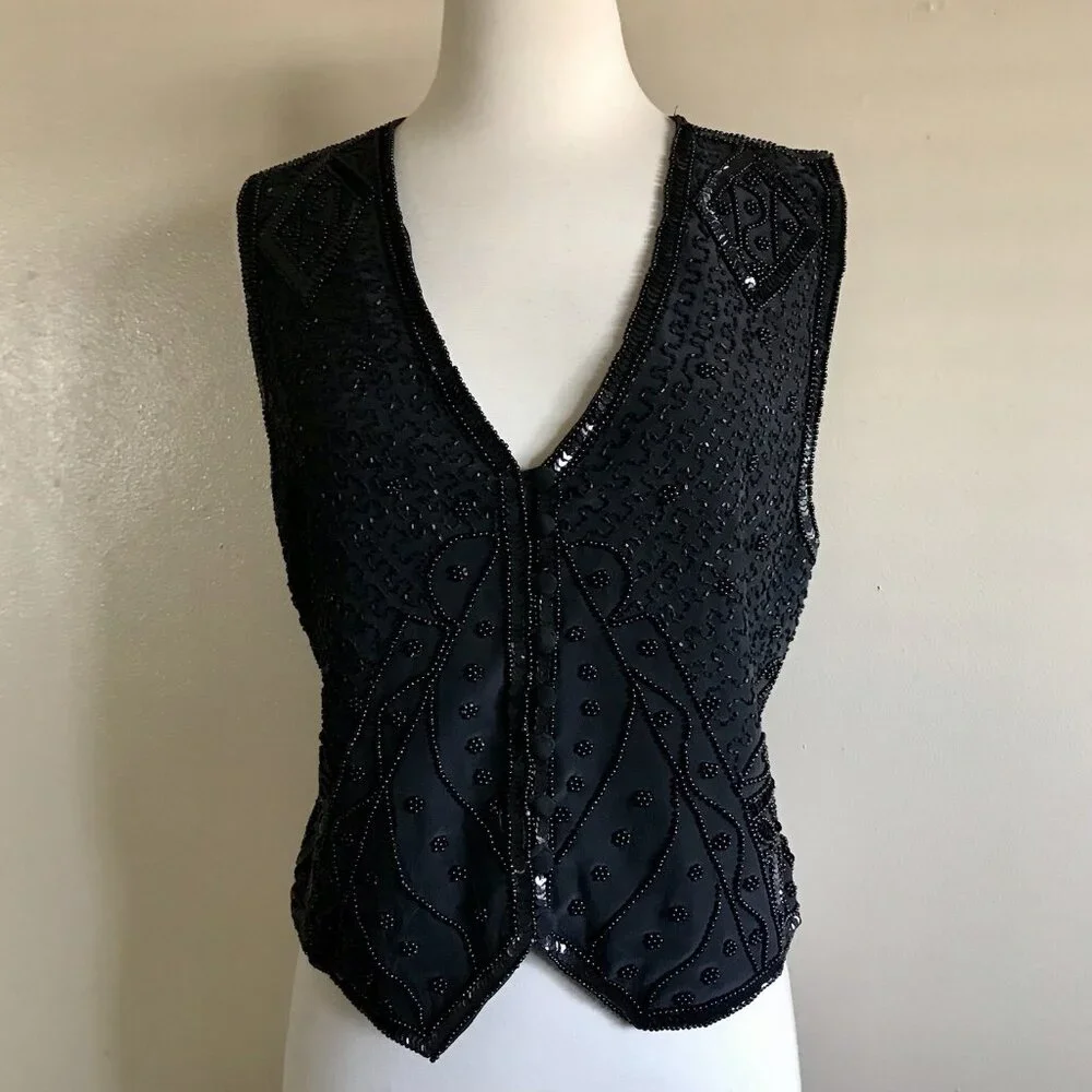 Vintage 90s Spencer Jeremy Black Beaded Sequin Silk Vest - Size M - Picture 1 of 8